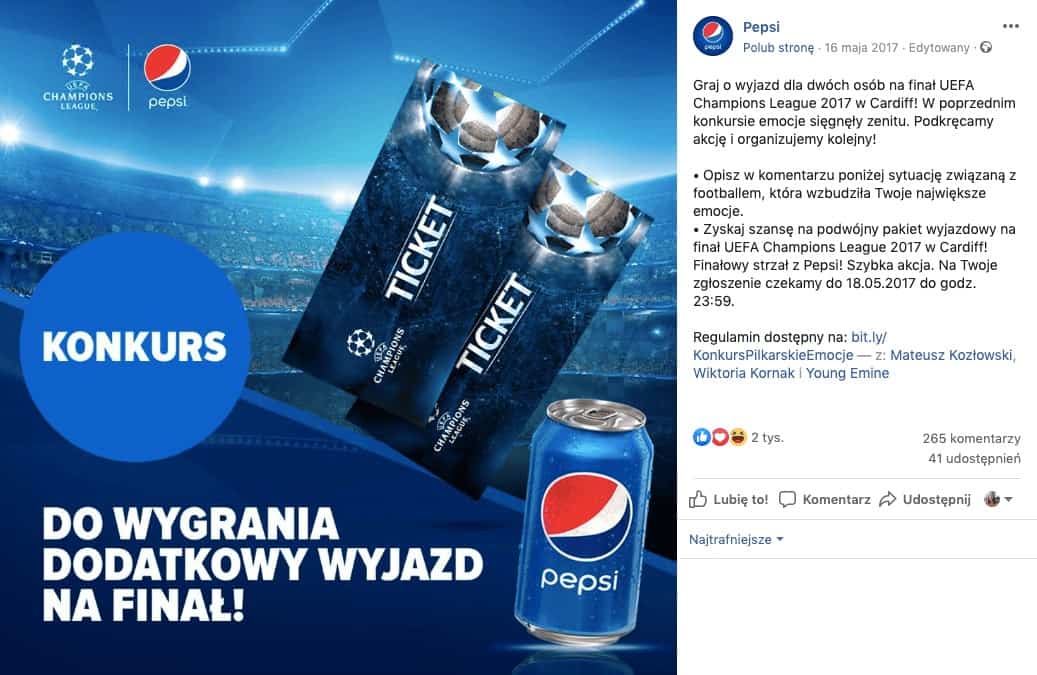 Post konkursowy na profilu Pepsi
